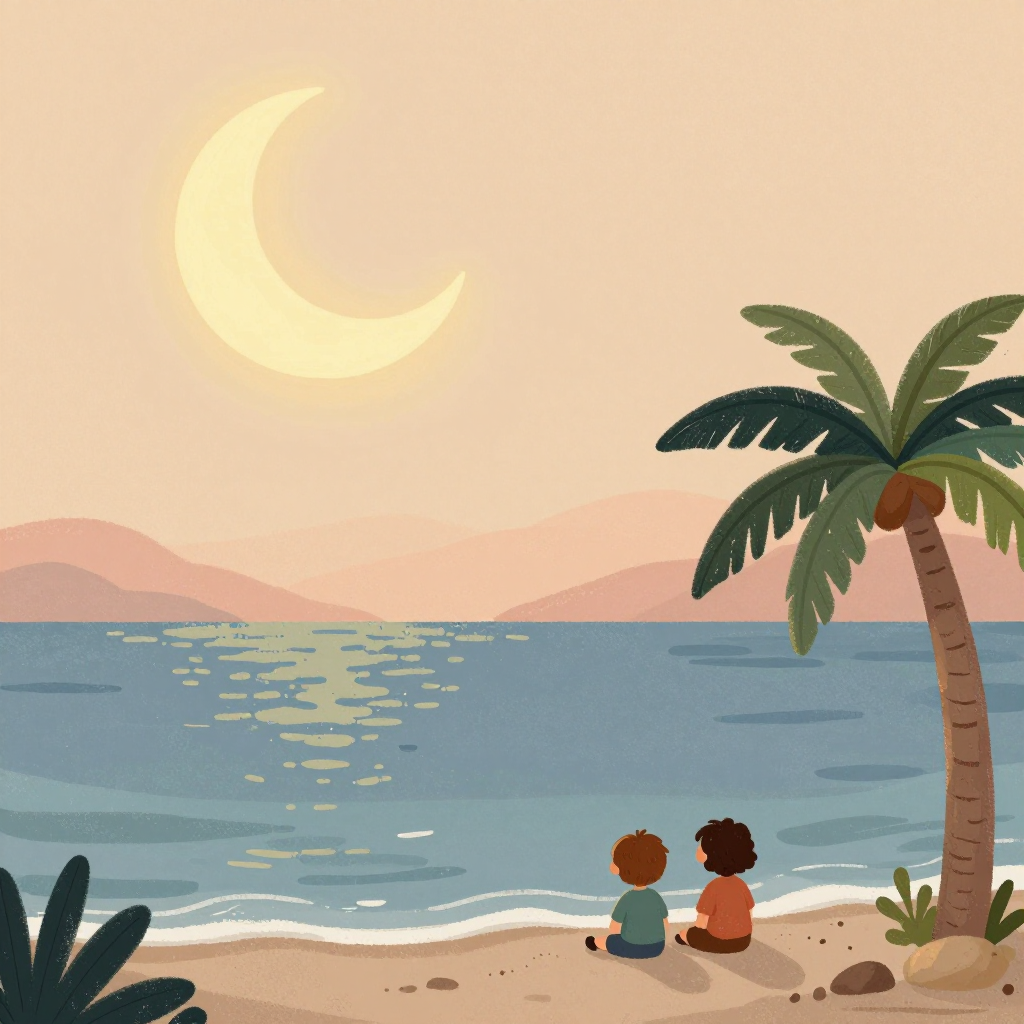 A crescent moon over the sea with a date palm
