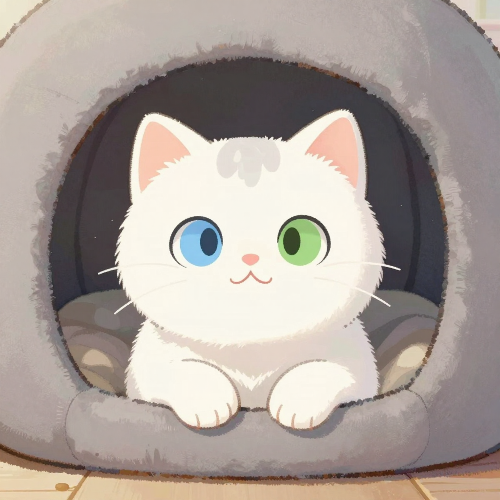 Loza, a white cat with one blue eye, one green eye and a grey smudge on her forehead
