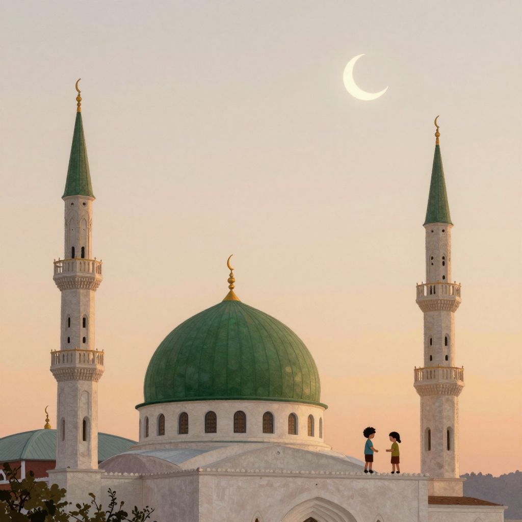 A mosque with a green dome under a crescent moon