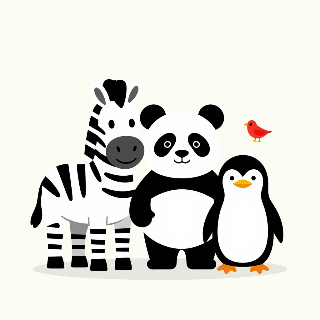 A zebra, a panda and a penguin in bold black and white