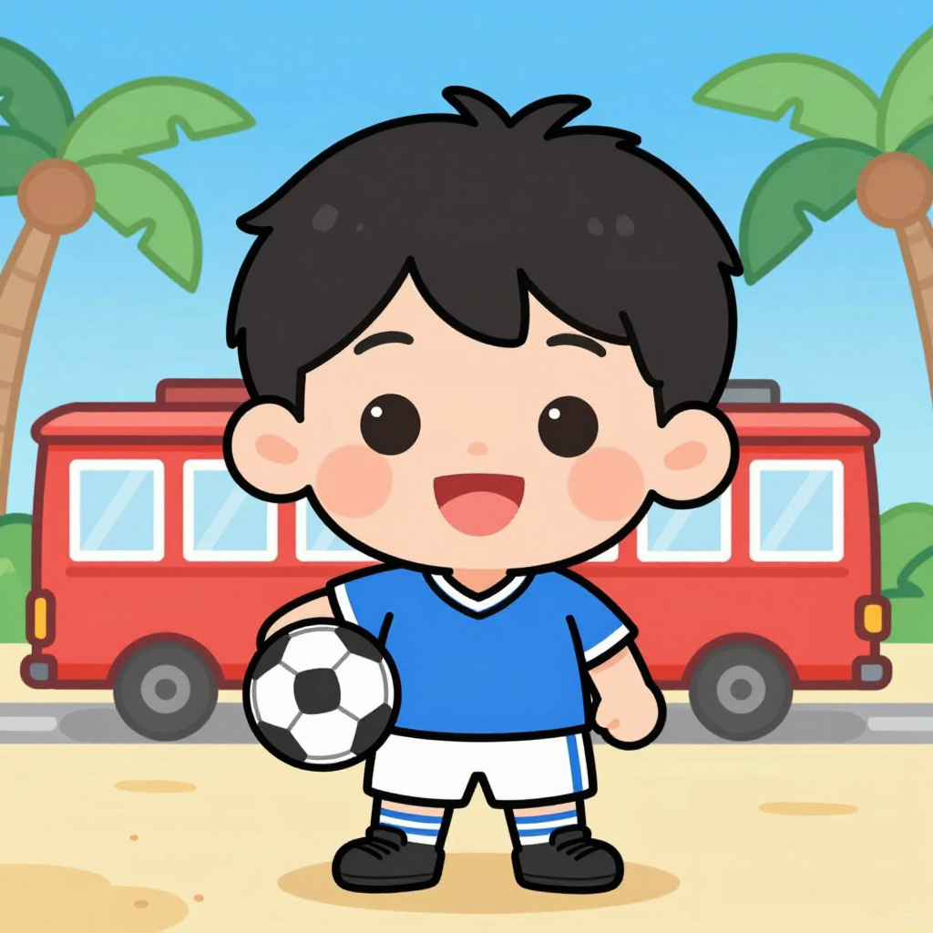 Yaseen in his blue soccer kit, holding a ball, a red trolley behind him